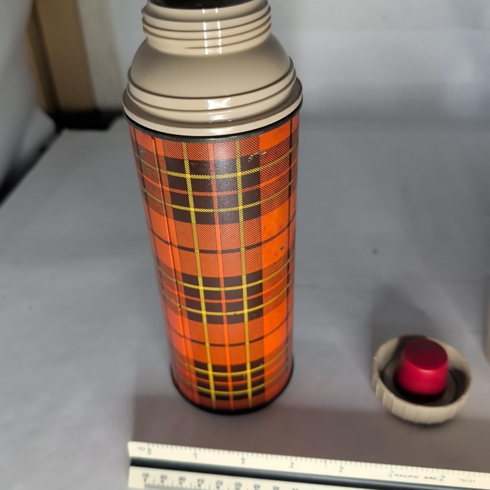 Vintage Thermos Plaid Vacuum Flask Orange Insulated Cup Lid Handle Hot Cold - Picture 3 of 6